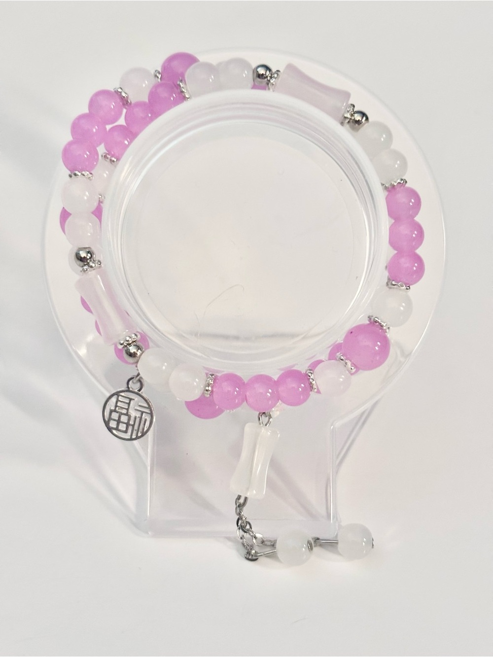 Handmade Pink and White Beaded Wrap Stretch Bracelet with Silver Charm